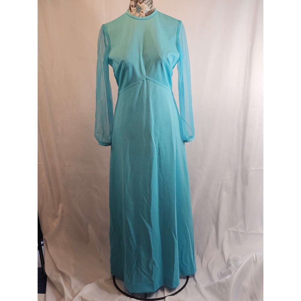 Joan Curtis 1970's Blue Maxi Dress with Long‎ Sheer Sleeves. Size Small Vintage